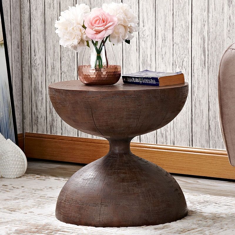 Modern Creative Round Drum Side Table Hourglass Accent Table in Natural