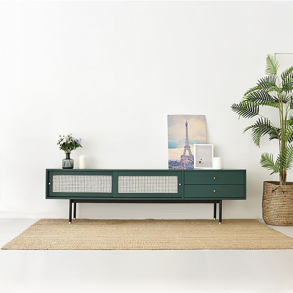 63" Green TV Stand with Storage Rattan TV Console Table 2 Drawers 2 Doors