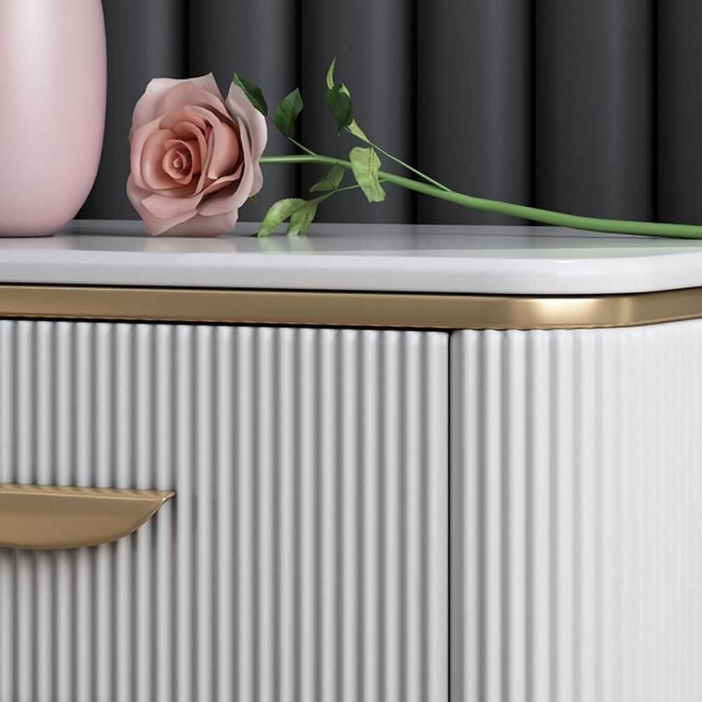 White Nightstand 2 Drawers Faux Marble Top Bedside with Gold Pulls