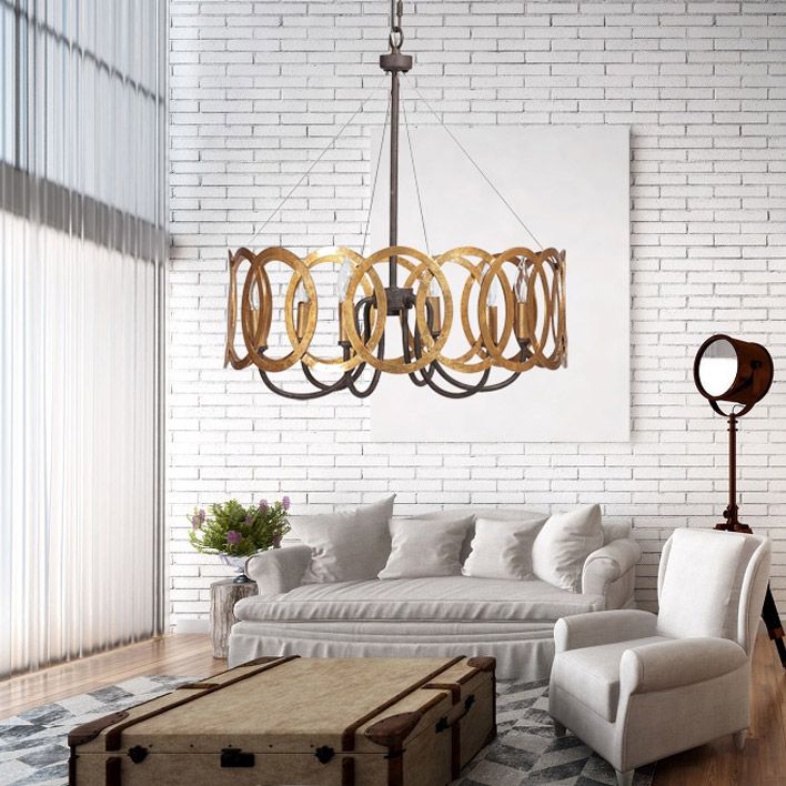 Gold Drum 6Light Chandelier Round Metal Ceiling Lighting