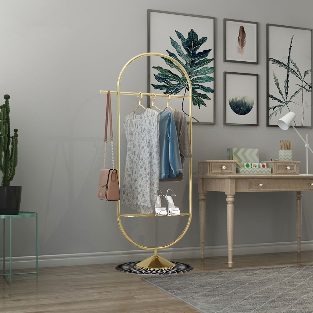 Gold Clothing Rack with Shelf and Hanging Oval Shape
