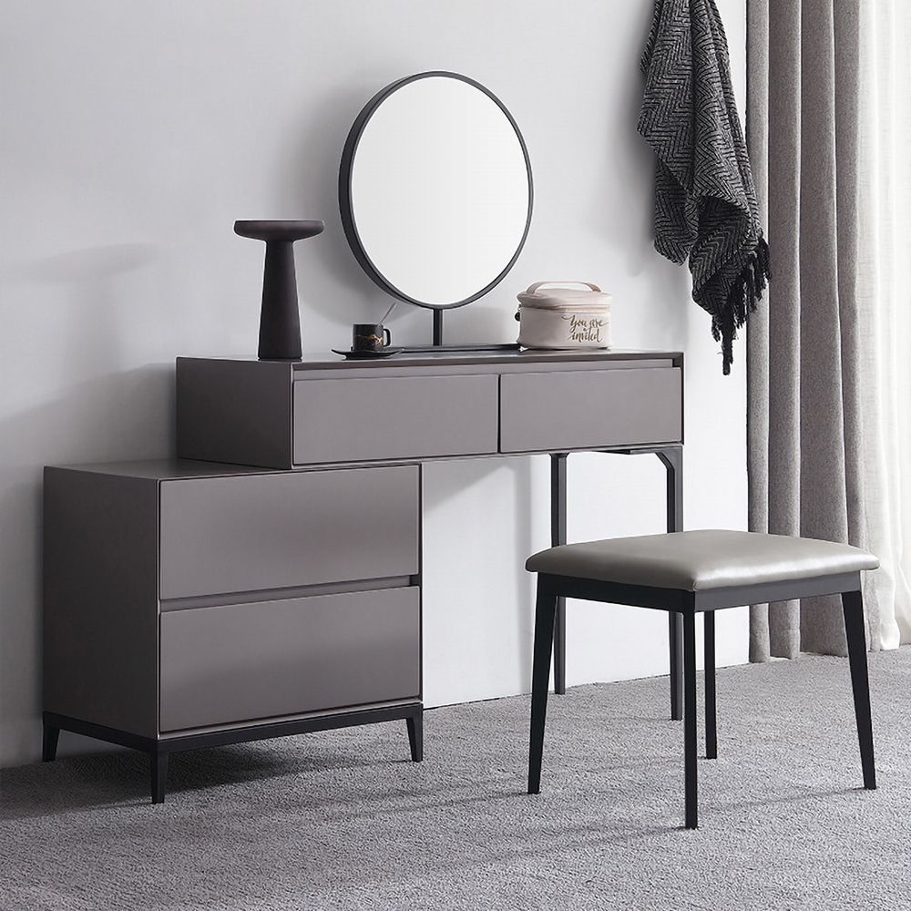 Gray Makeup Vanity Set with Mirror & Side Dressing Table with