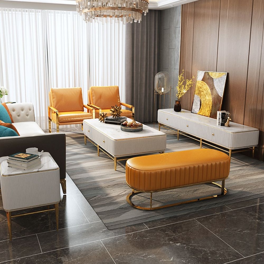 White and Gold TV Stand For TVs Up To 75" 3 Drawers Faux Marble Top Mid