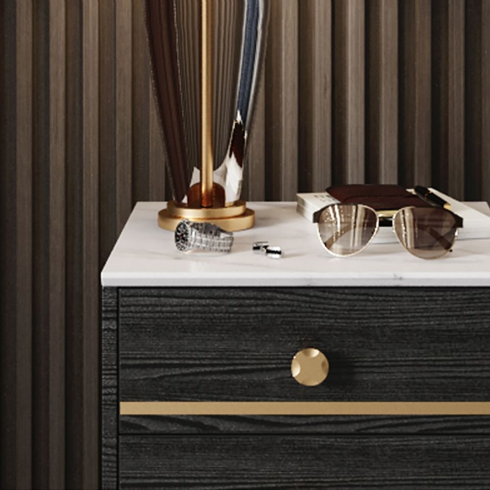 Modern Black Nightstand White Faux Marble Top Bedside with 3