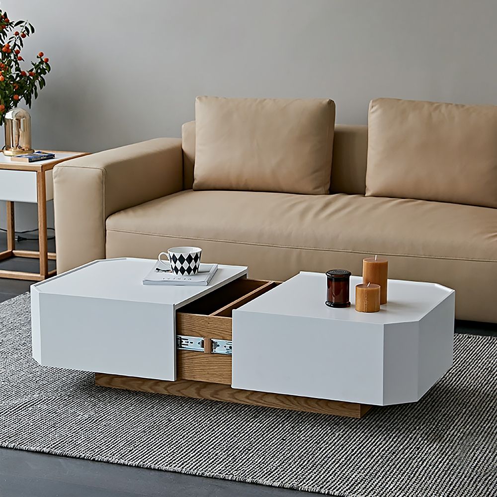 White&Natural Extendable Coffee Table with Hidden Storage Sliding Top