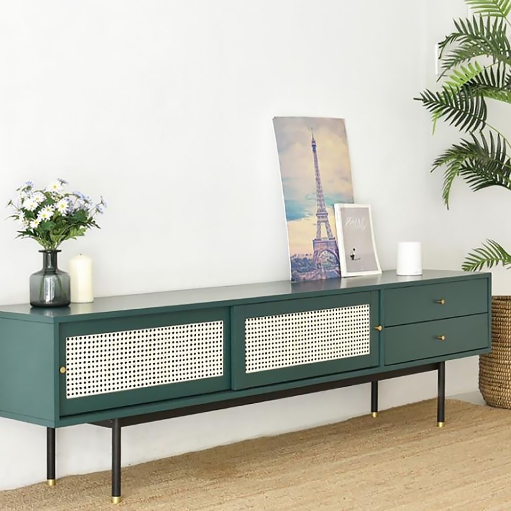 70.9" Green TV Stand with Storage Rattan TV Console Table 2 Drawers 2 Doors