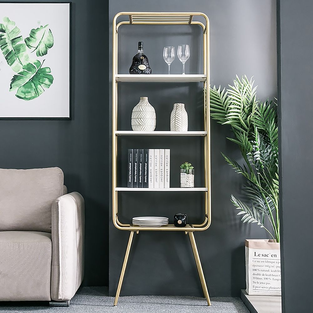 Modern Rectangular Bookshelf Manufactured Wood&Metal Gold Bookcase with Shelves