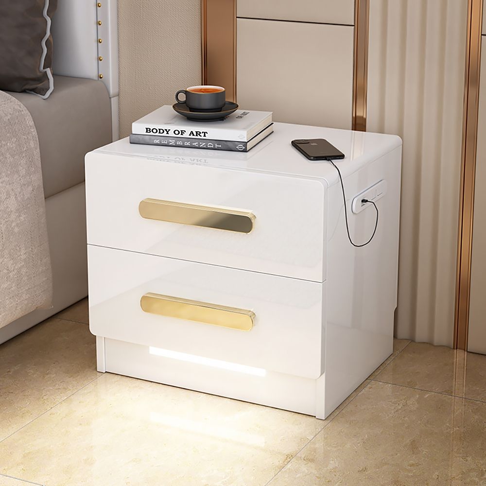 Square 2Drawer White Nightstand with USB Port Sensor Light Bed Side