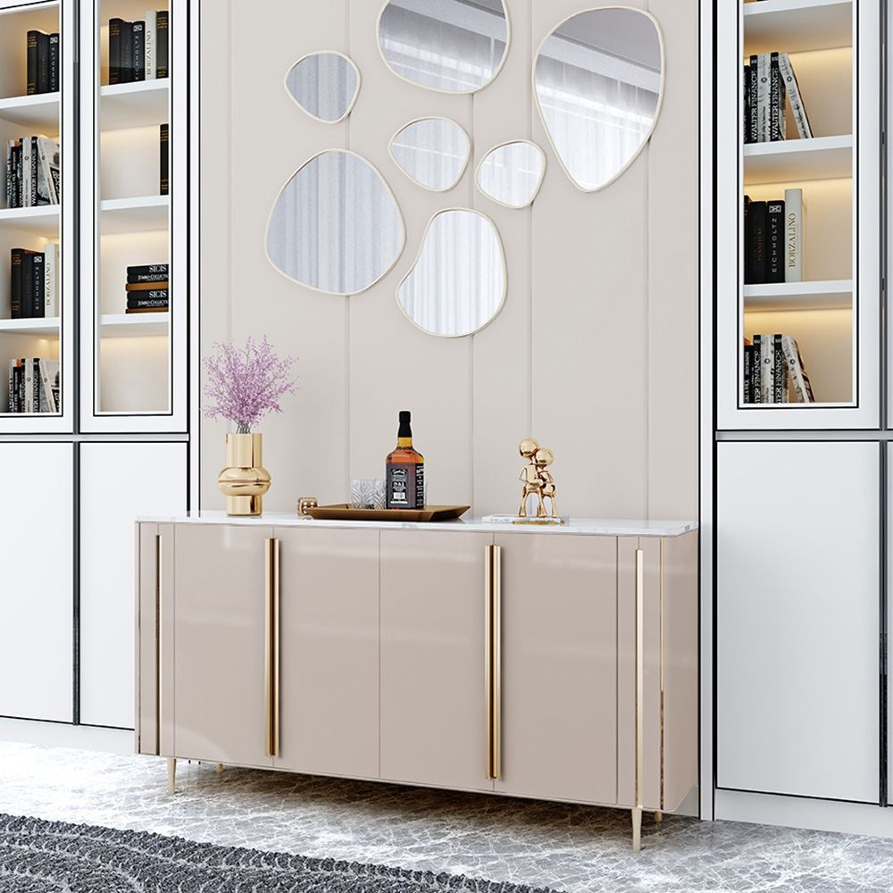 59" Khaki Sideboard Buffet White Faux Marble Top Kitchen with 2