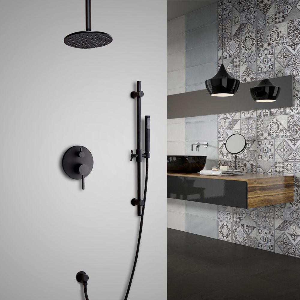 Stylish Black Dual Functions 1Handle Ceiling Mounted Round 8" Rain Shower Head & Hand Shower