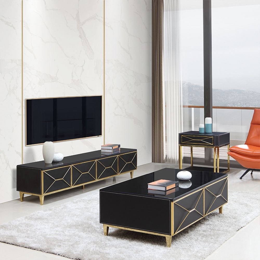 78" Modern Black TV Stand Glass Top Media Console with 4 Drawers in Gold