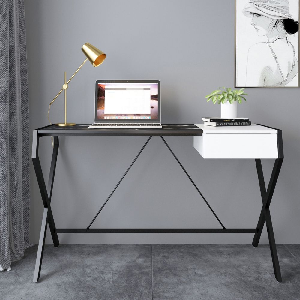 Modern Black Writing Desk with Drawer Office Desk Metal Frame