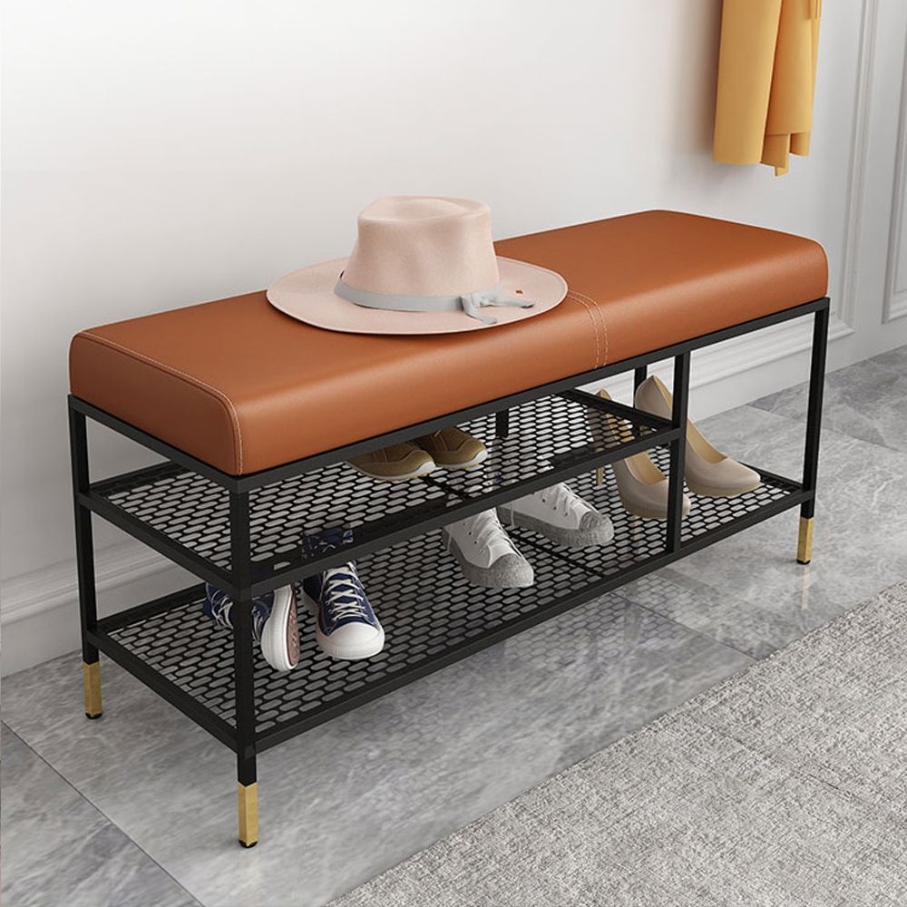 39.4'' Brown Modern Shoe Storage Bench with 3-Tier Shelf in Faux Leather