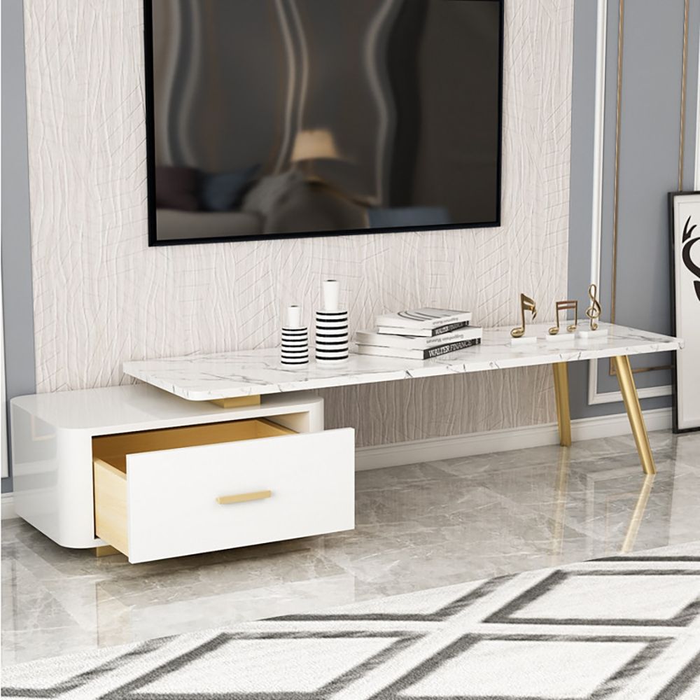 Modern White TV Stand Retracted & Extendable Faux Marble Top