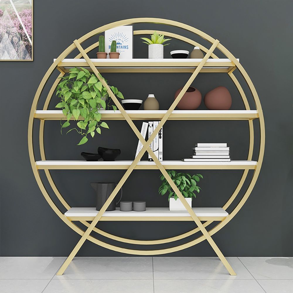 Contemporary Round Etagere Bookshelf in White&Gold