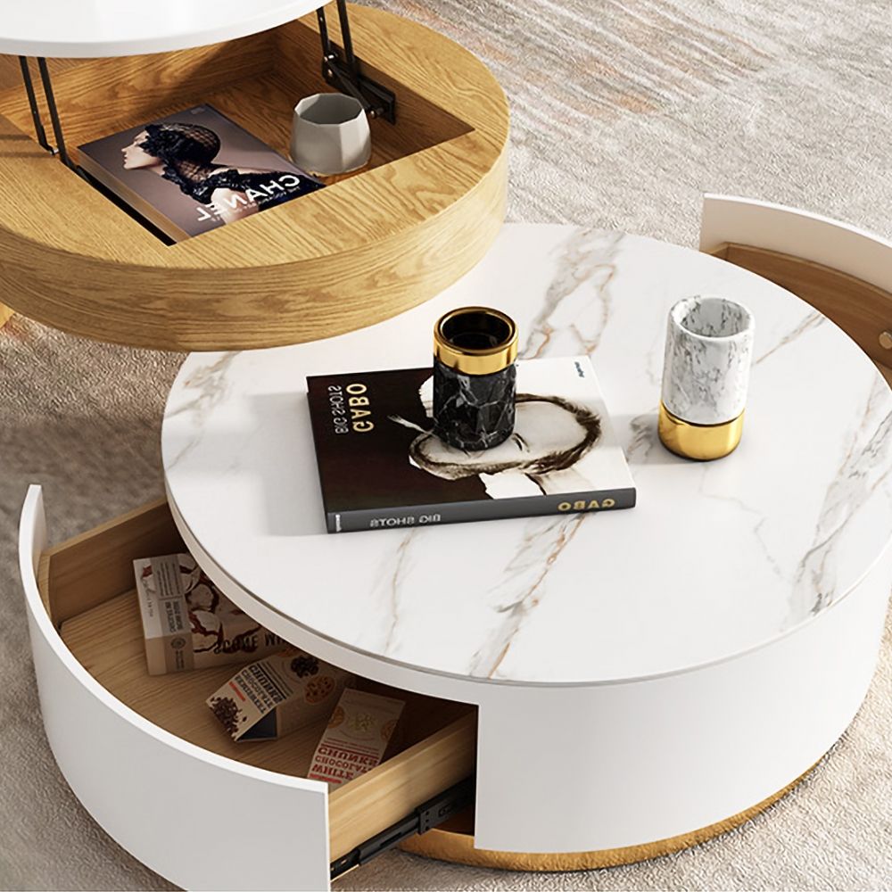 Modern Round Coffee Table with Storage Lift-Top Wood & Stone Coffee