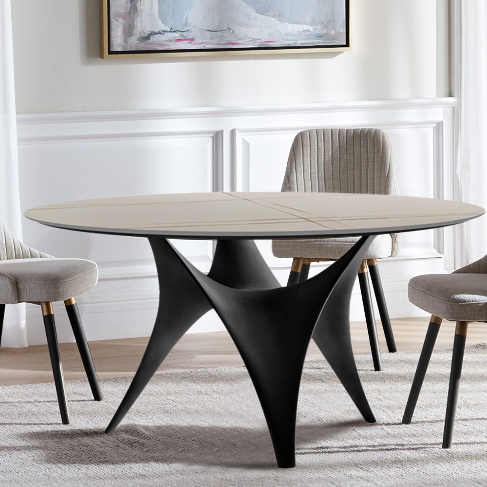 47.2" Round White Faux Marble Dining Table Black Base