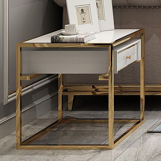 Modern Luxurious White Square Side Table 1 Drawer End Table Stainless