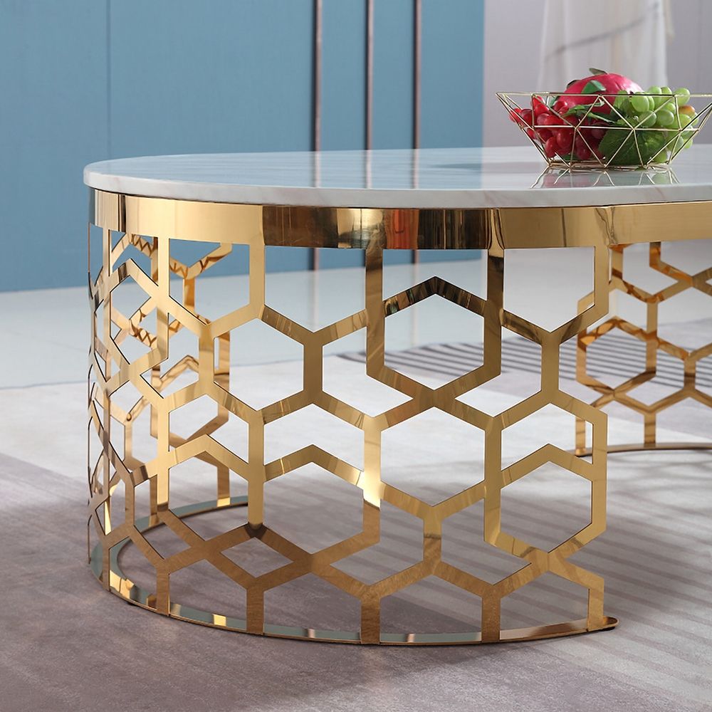 Modern Oval Coffee Table Marble Top with Stainless Steel Frame