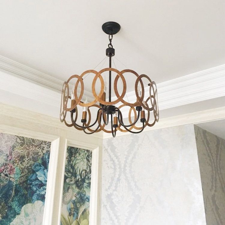 Gold Drum 6Light Chandelier Round Metal Ceiling Lighting