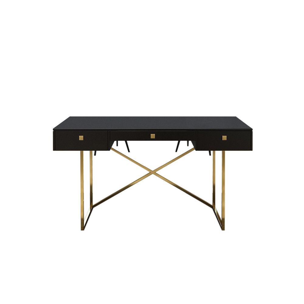 47" Rectangular Black Office Desk with Storage 3 Drawers X Base Gold Hardware