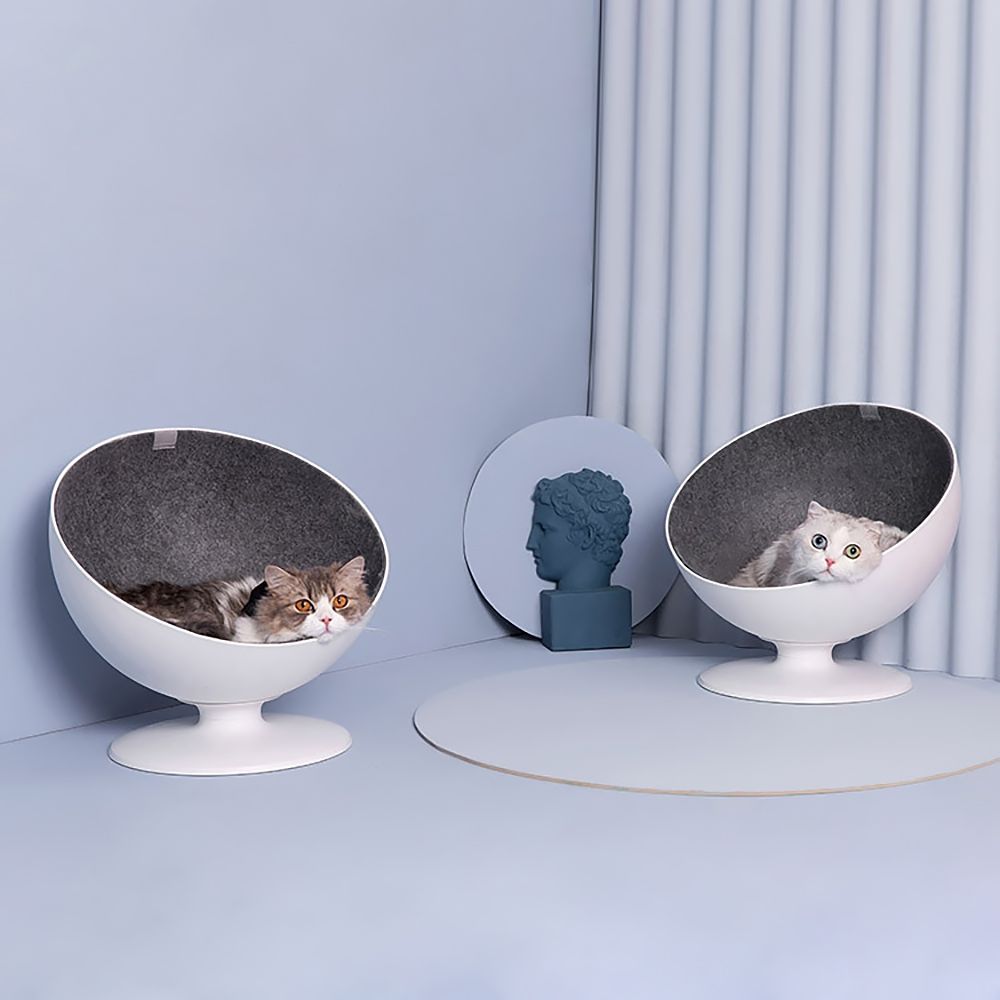 16" Swivel Ball Chair Cat Bed Round Hooded Nest in White with Gray Lining