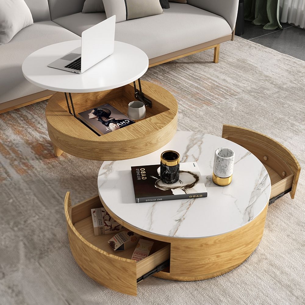 Modern Round Coffee Table with Storage Lift-Top Wood & Stone Coffee ...