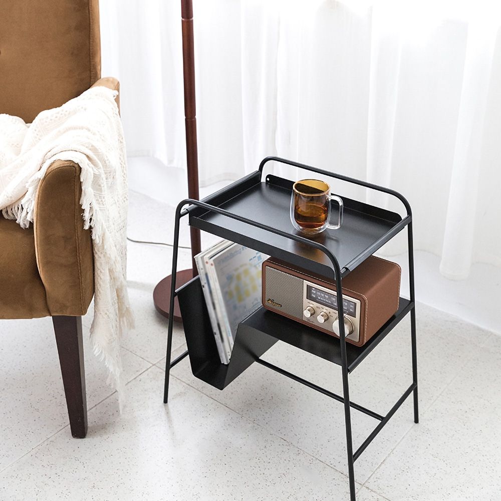 Rectangular Black Metal Side Table with Tray 2Tier Storage Shelving