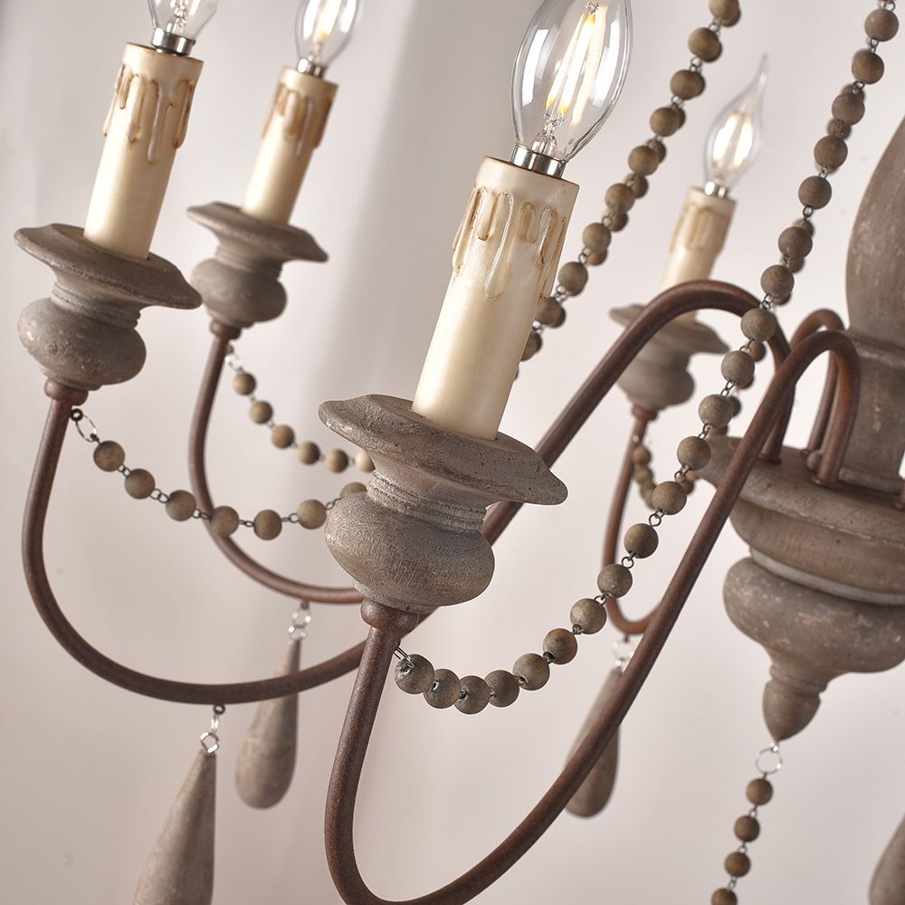 French Country CandleStyle 6Light Wood Bead Swag 1Tier Wooden Chandelier Gray