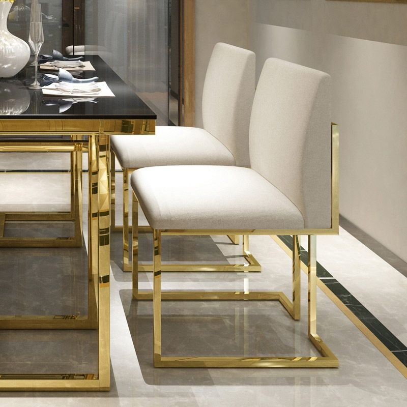 Moderner Esszimmerstuhl aus Leinen, gepolstert, mit weißem Edelstahl