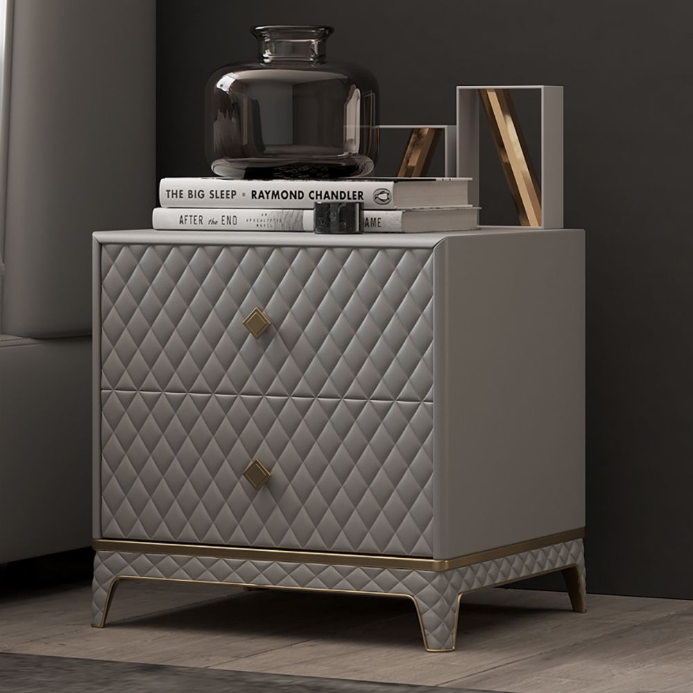 Gray Nightstand Faux Leather Upholstery Bedside Table with 2 Drawers