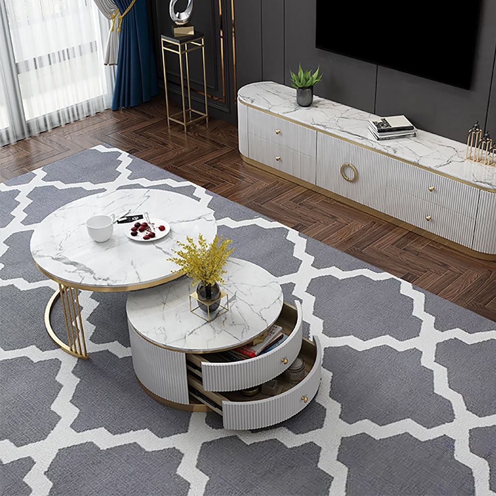 White Round Coffee Table with Storage Faux Marble Top Nesting Coffee Table 2Piece Set