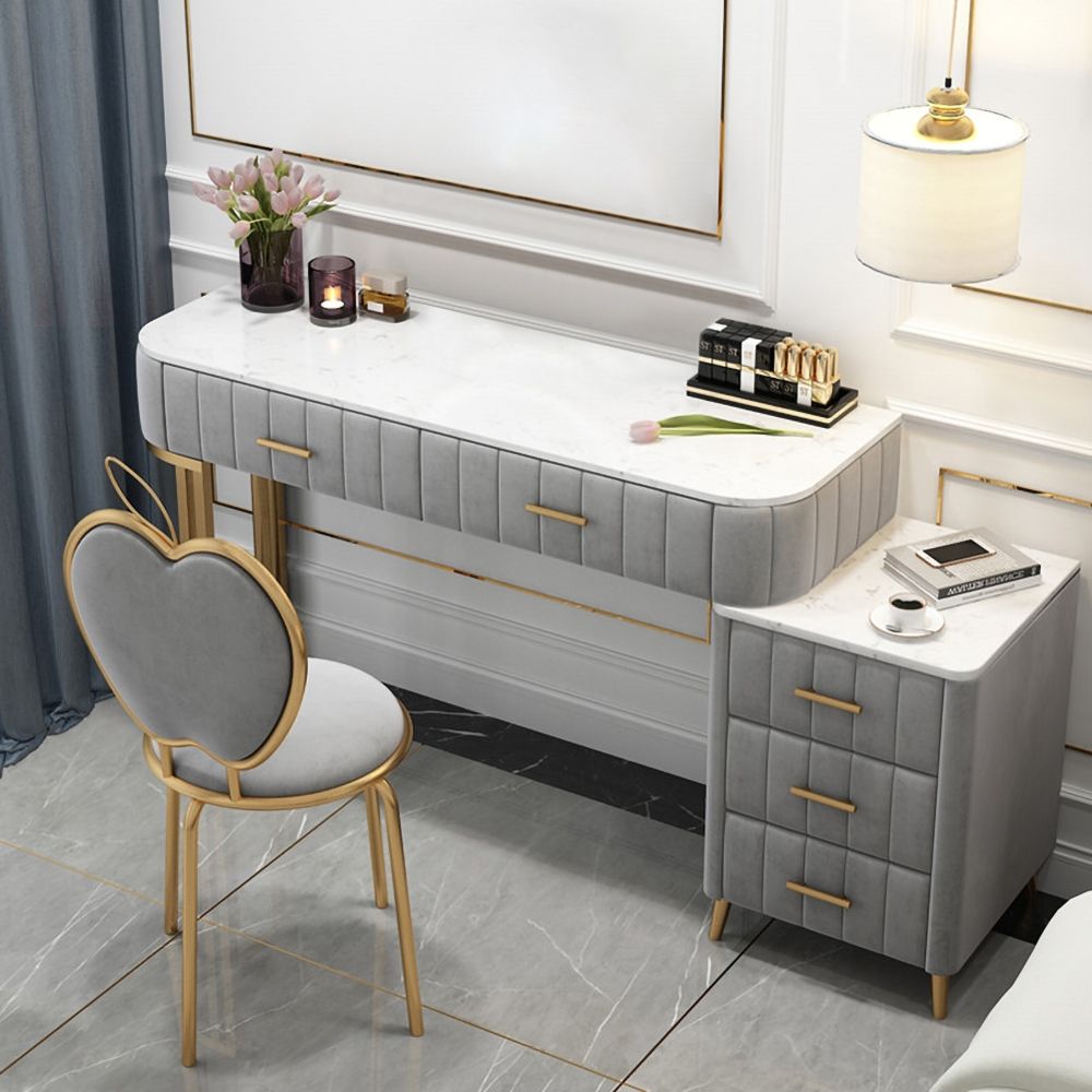 Modern Gray Upholstered Makeup Vanity Table Expandable Dressing Table ...