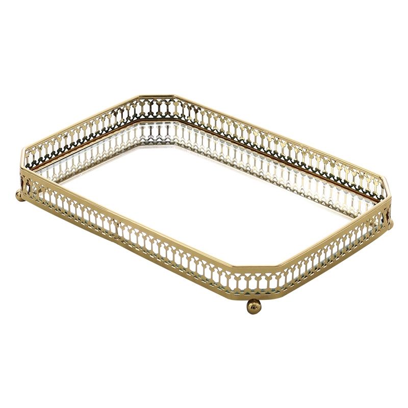 Classic Vanity Tray Gold Metal Mirrored Glass Decorative Tray Set of 2 Bathroom