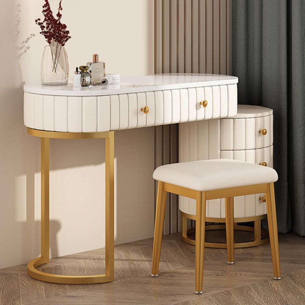 Modern White Makeup Vanity Expandable Upholstered Dressing Table with 5