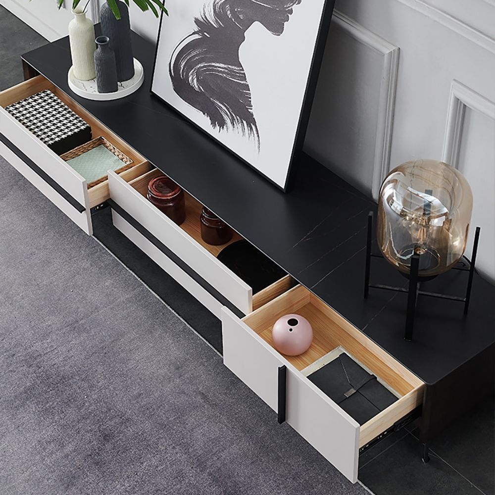 78.7" Black & White TV Stand Faux Marble Top Media Console with 3 Drawers