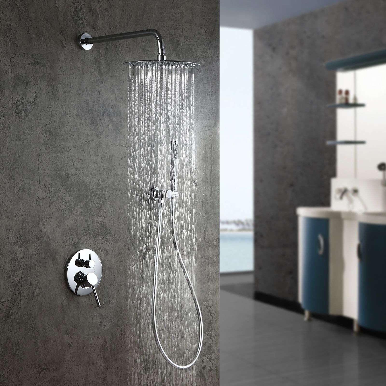 Modern Polished Chrome Wall Mounted Rain Shower System with 10" Round