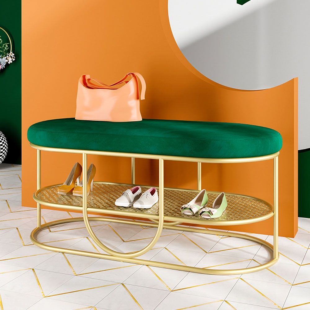 Green Entryway Bench Modern Upholstered Velvet Bench Metal in Gold