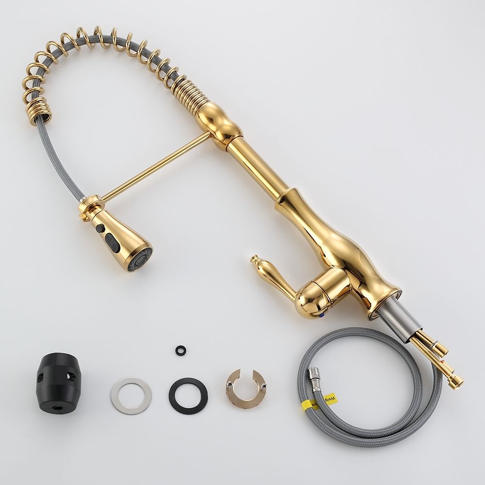 Modern Goose Necked Single Handle Pull Out Kitchen Faucet Brass with 3