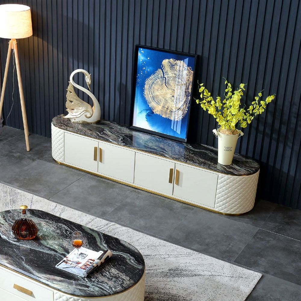 78" Contemporary Oval TV Stand Faux Marble Top Media Console with