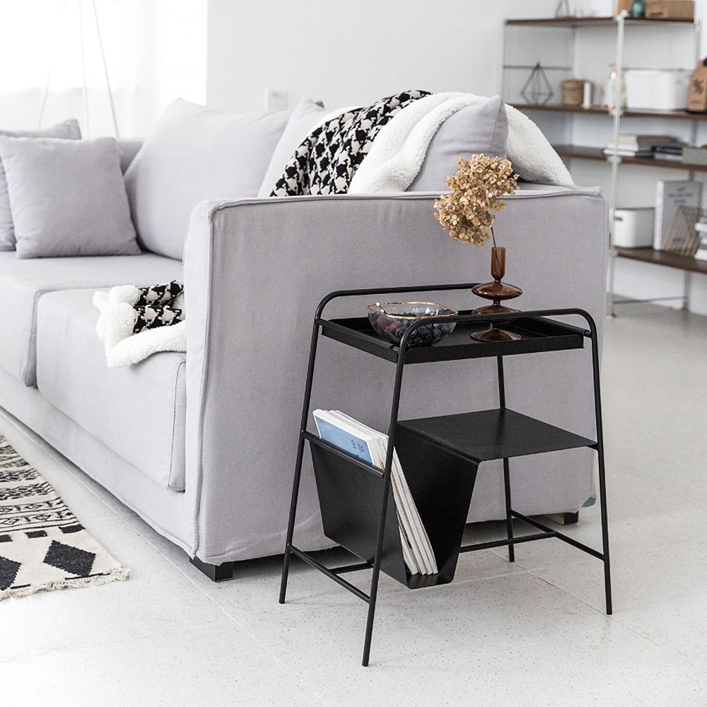 Rectangular Black Metal Side Table with Tray 2Tier Storage Shelving Magazine Organizer