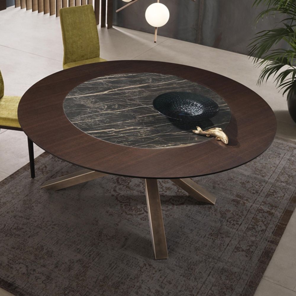 1200mm Round Wood and Faux Marble Dining Table Antique Brass Base