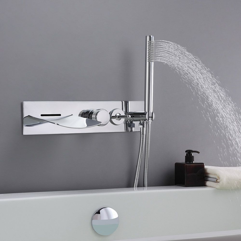 Clari Modern Wall Mounted LED Waterfall Tub Filler Faucet with Hand