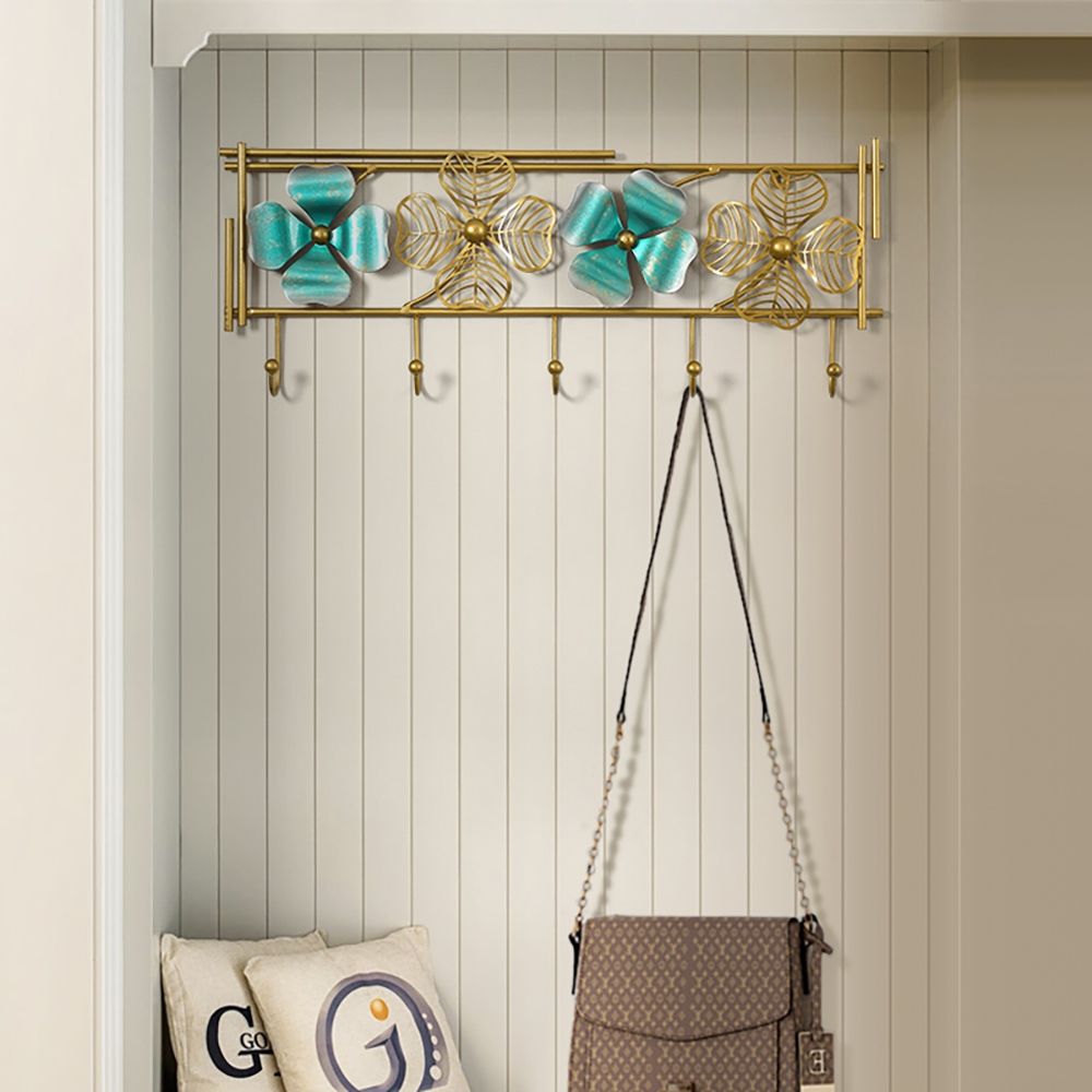 Luxury Rectangular Entryway Wall Mounted Coat Rack in Metal with 5 Hooks