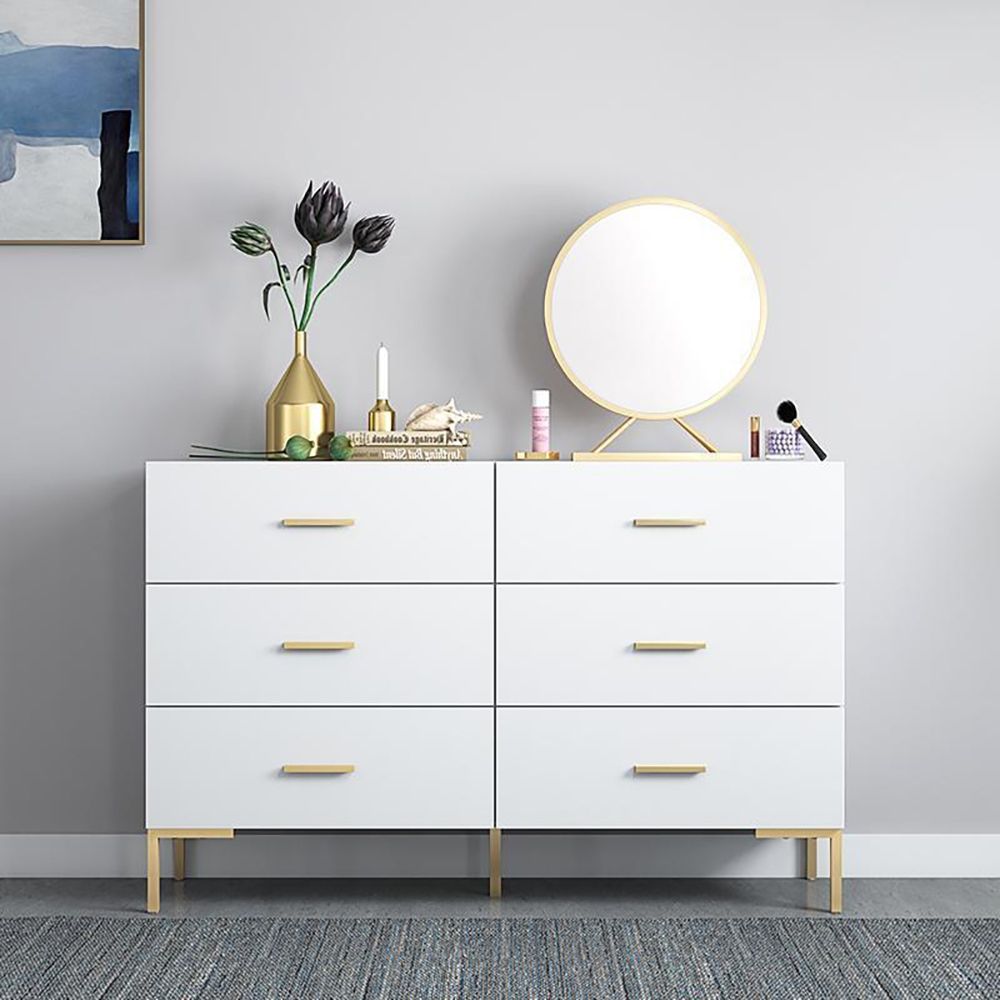 47" Nordic White Bedroom Dresser 6Drawer Accent in Gold