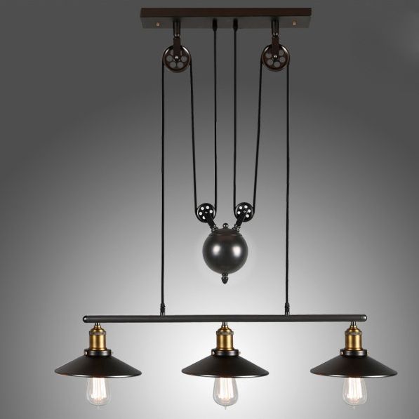 Tray Retro Industrial Adjustable Height Pulldown 3-Light Island Pendant