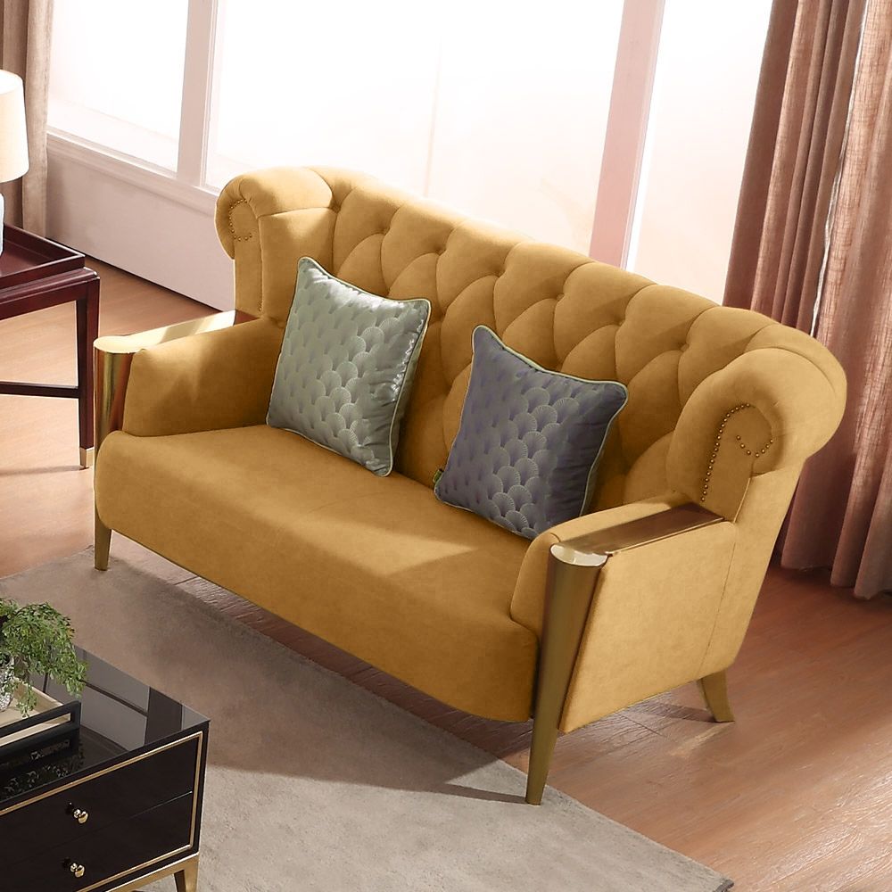 70" Modern Yellow Upholstered Chesterfield Sofa High Back Tufted Sofa 2