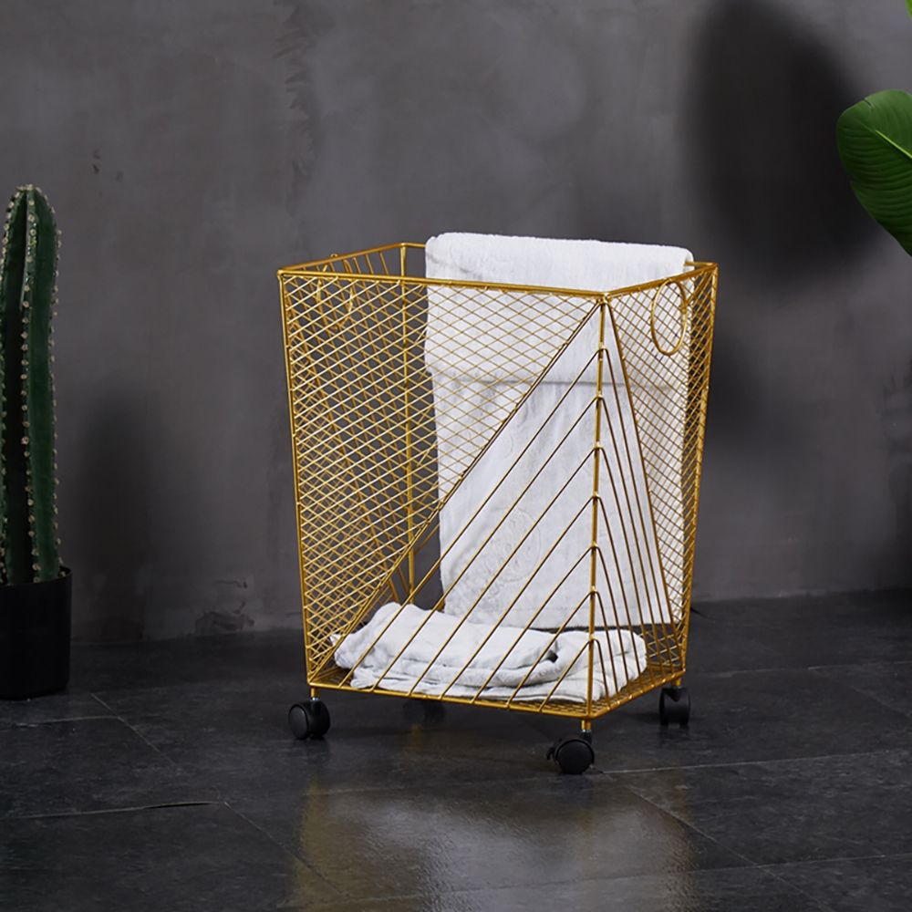 Square Metal Laundry on Wheels Hamper with Handles in Gold