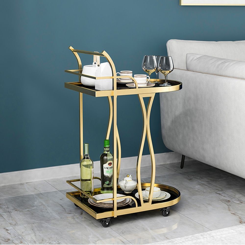Gold Bar Cart with 2 Tier Black Tempered Glass Shelves 33.5"H