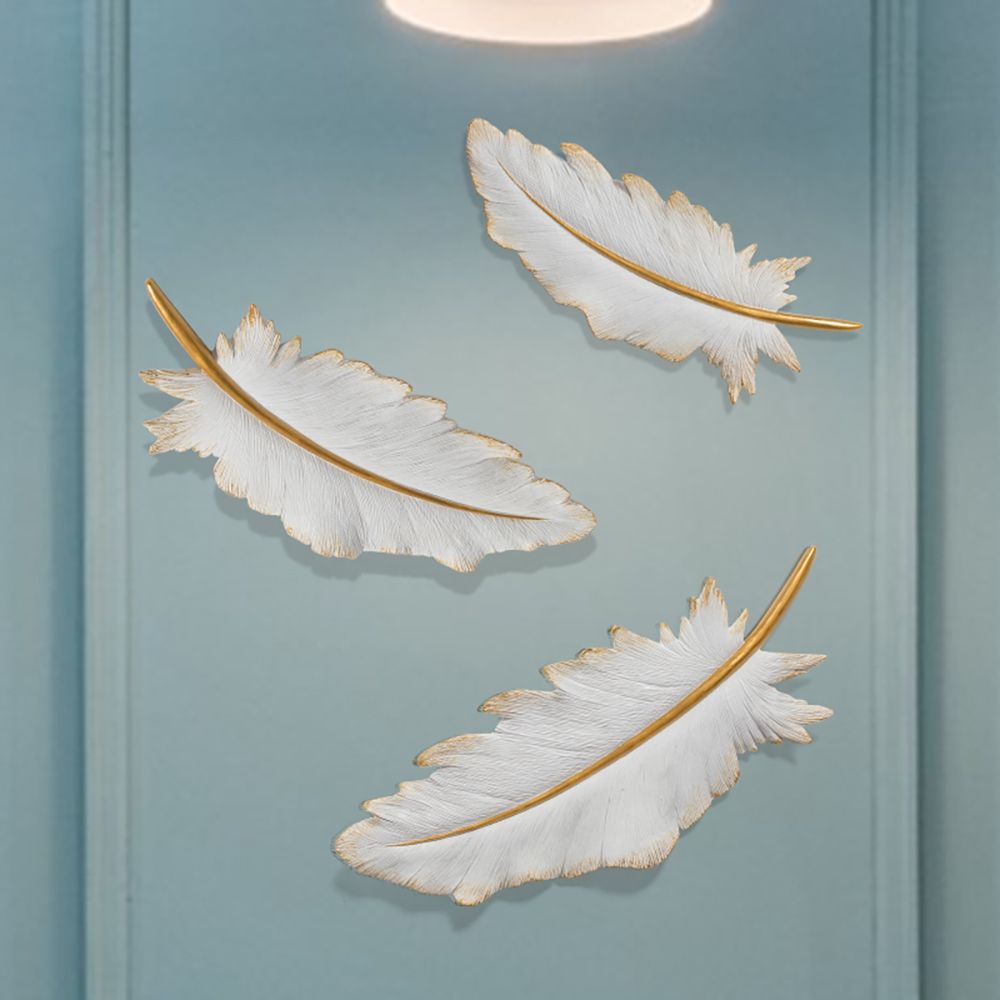 3 Pieces White & Gold Feather Resin Modern Wall Decor Home Art Set